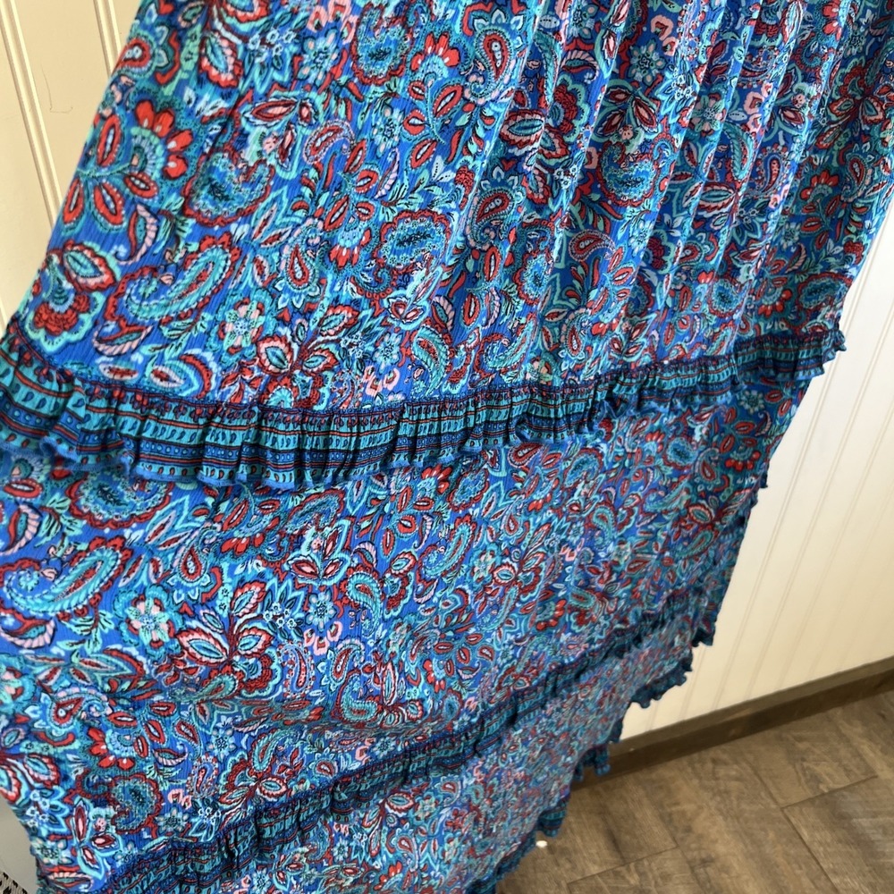 J JILL Women's Coastal Ruffles Sleeveless Midi Dress Blue Paisley Floral Sz XL T - Picture 4 of 9